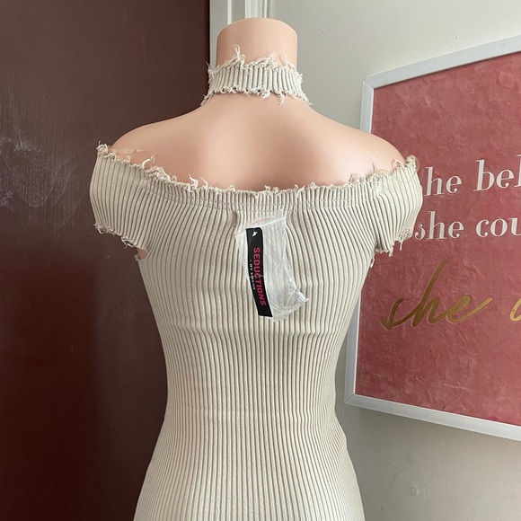 Ribbed Tan Off-Shoulder Mini Dress - Picture 3 of 5